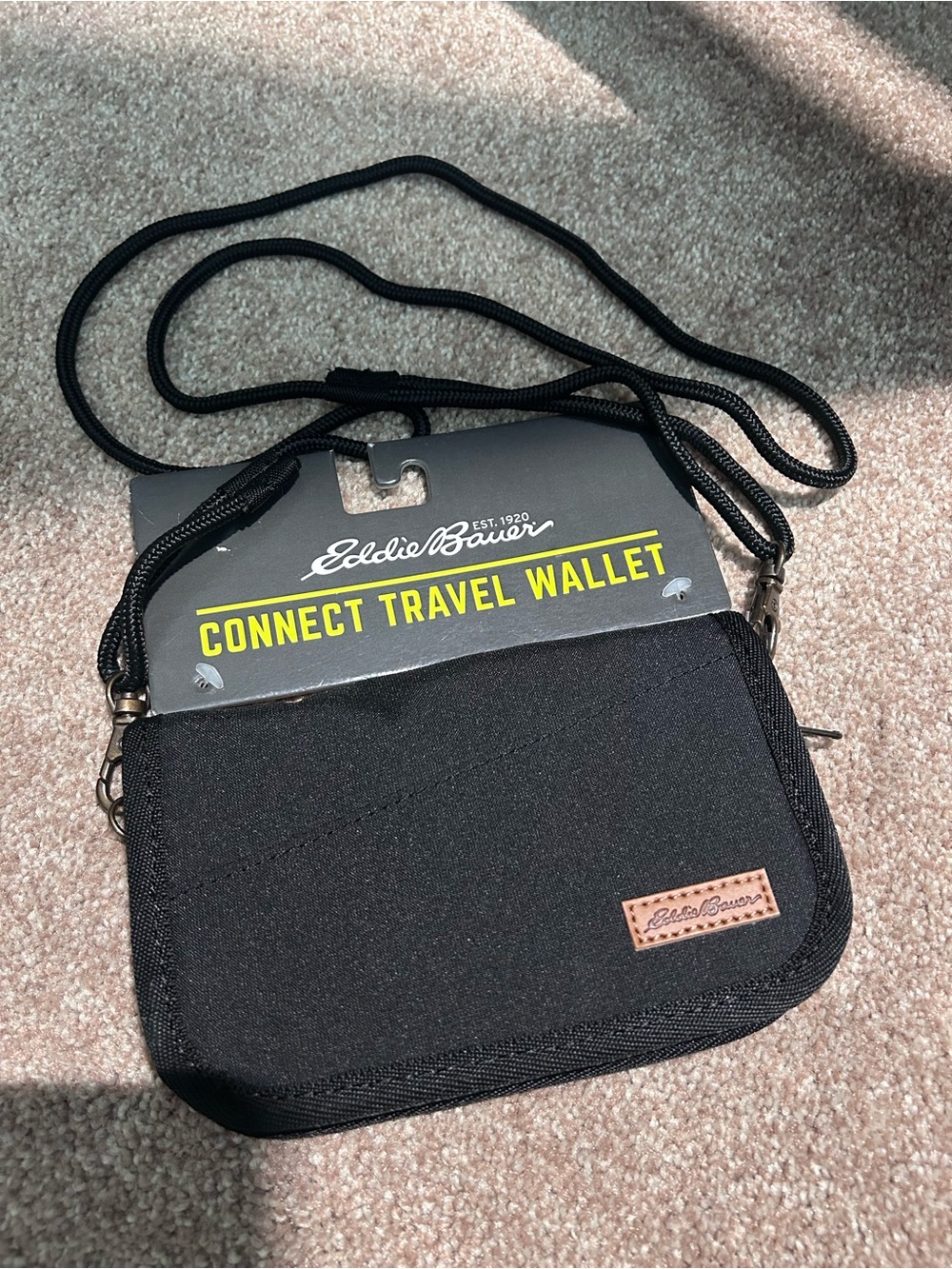Eddie Bauer Black Travel Neck Wallet with Brown Logo Patch